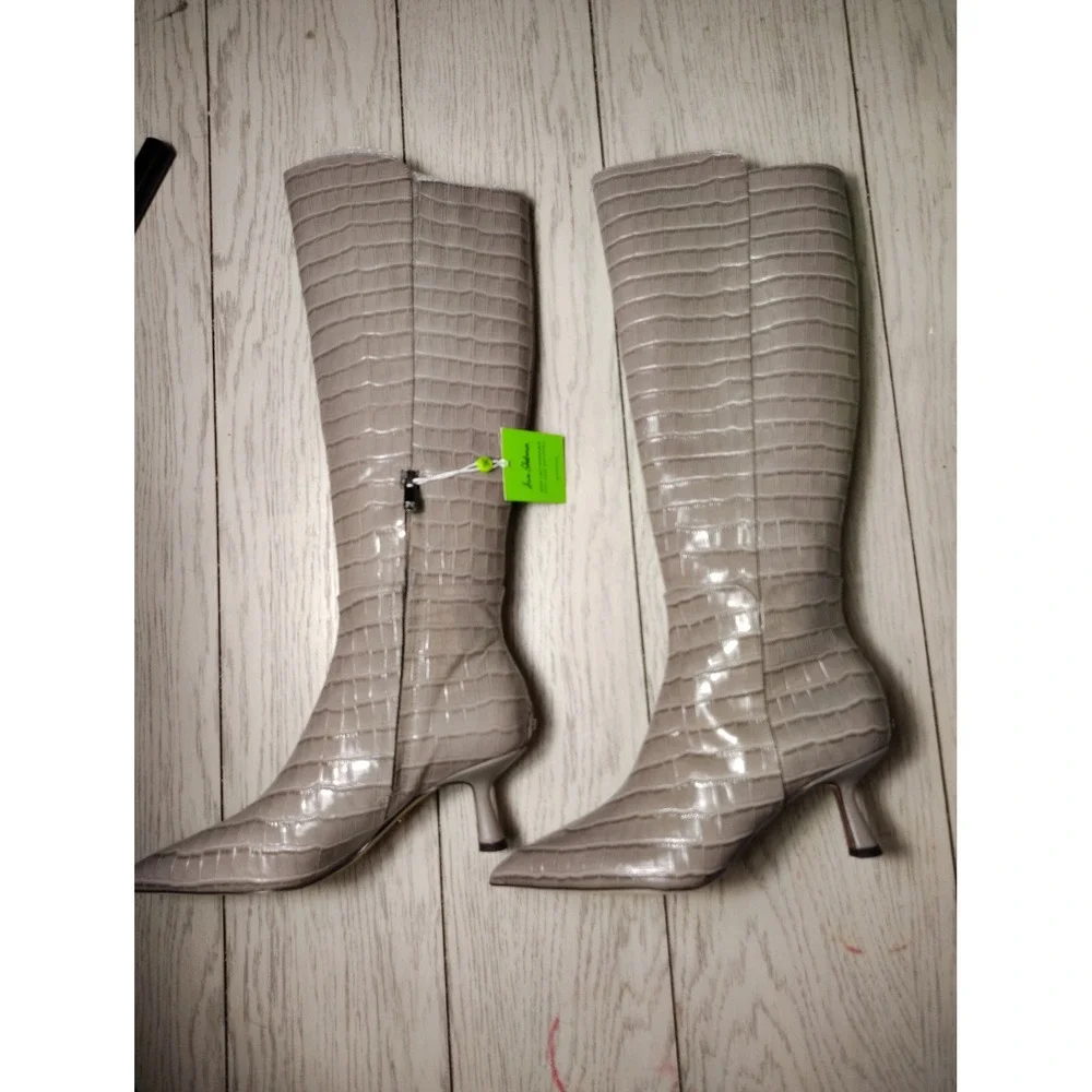 Sam Edelman Croc-Embossed Over-the-Knee Pointed Toe Boots in Light Gray Nwt Sz 8